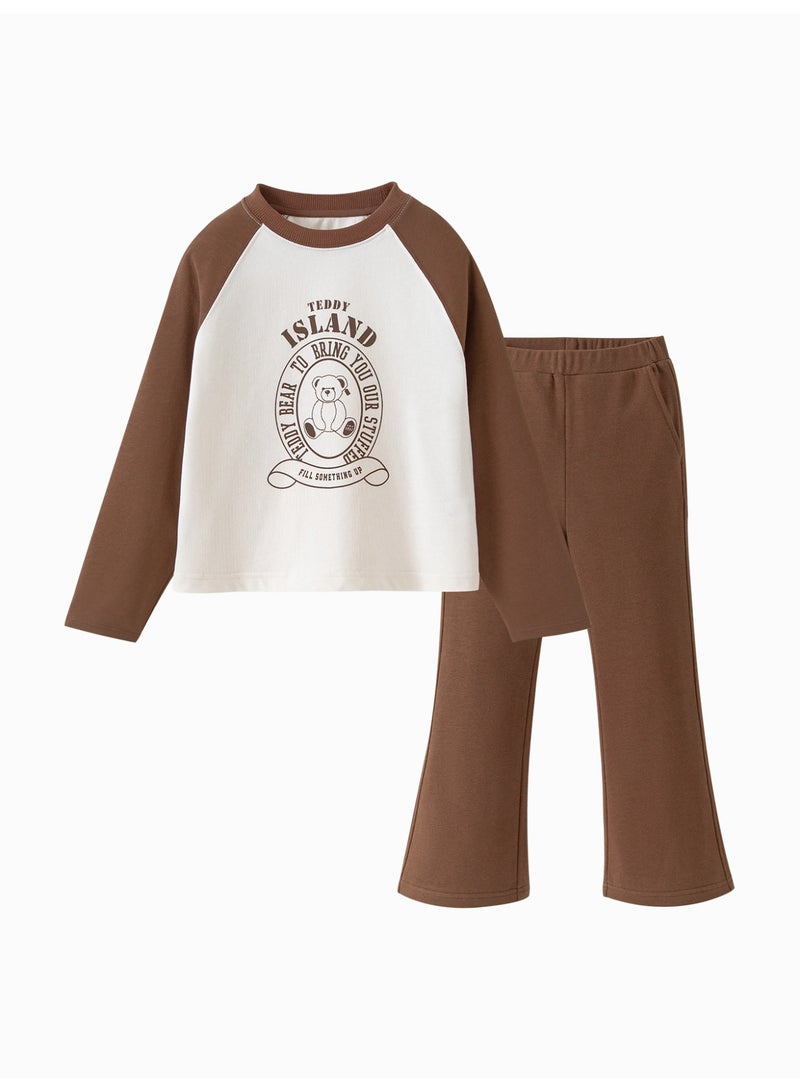 ميني بالا مجموعة ملابس طويلة الأكمام للبنات، قطعة راجلان بالطبعة البيانية، بنطلون طليق، قطعة خليط قطن ناعمة، ملابس أطفال لطيفة ومريحة للارتداء اليومي - Image 4