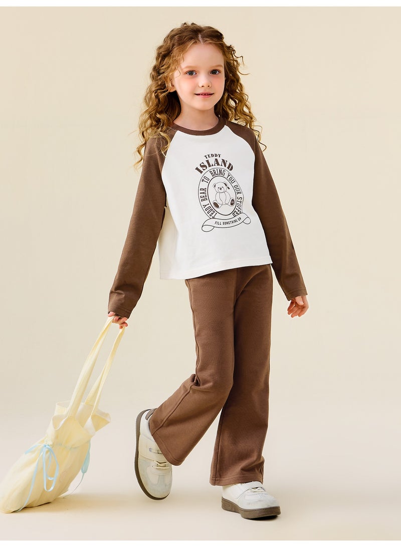 ميني بالا مجموعة ملابس طويلة الأكمام للبنات، قطعة راجلان بالطبعة البيانية، بنطلون طليق، قطعة خليط قطن ناعمة، ملابس أطفال لطيفة ومريحة للارتداء اليومي - Image 2