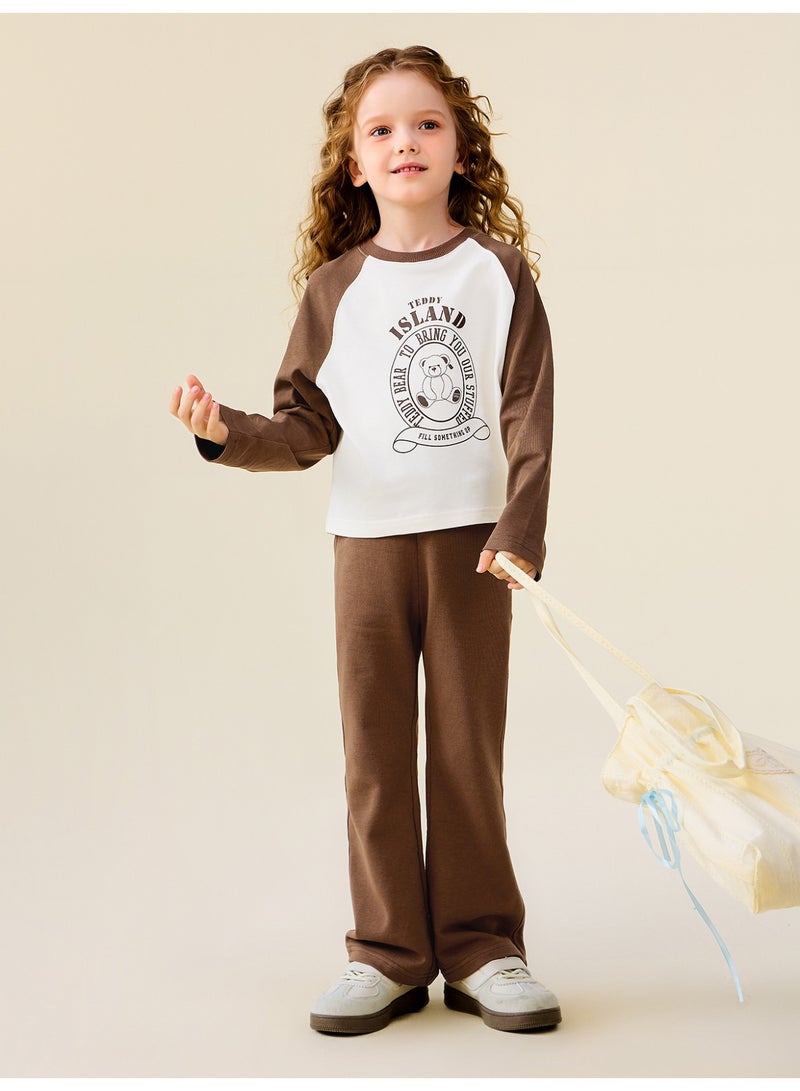 ميني بالا مجموعة ملابس طويلة الأكمام للبنات، قطعة راجلان بالطبعة البيانية، بنطلون طليق، قطعة خليط قطن ناعمة، ملابس أطفال لطيفة ومريحة للارتداء اليومي - Image 1