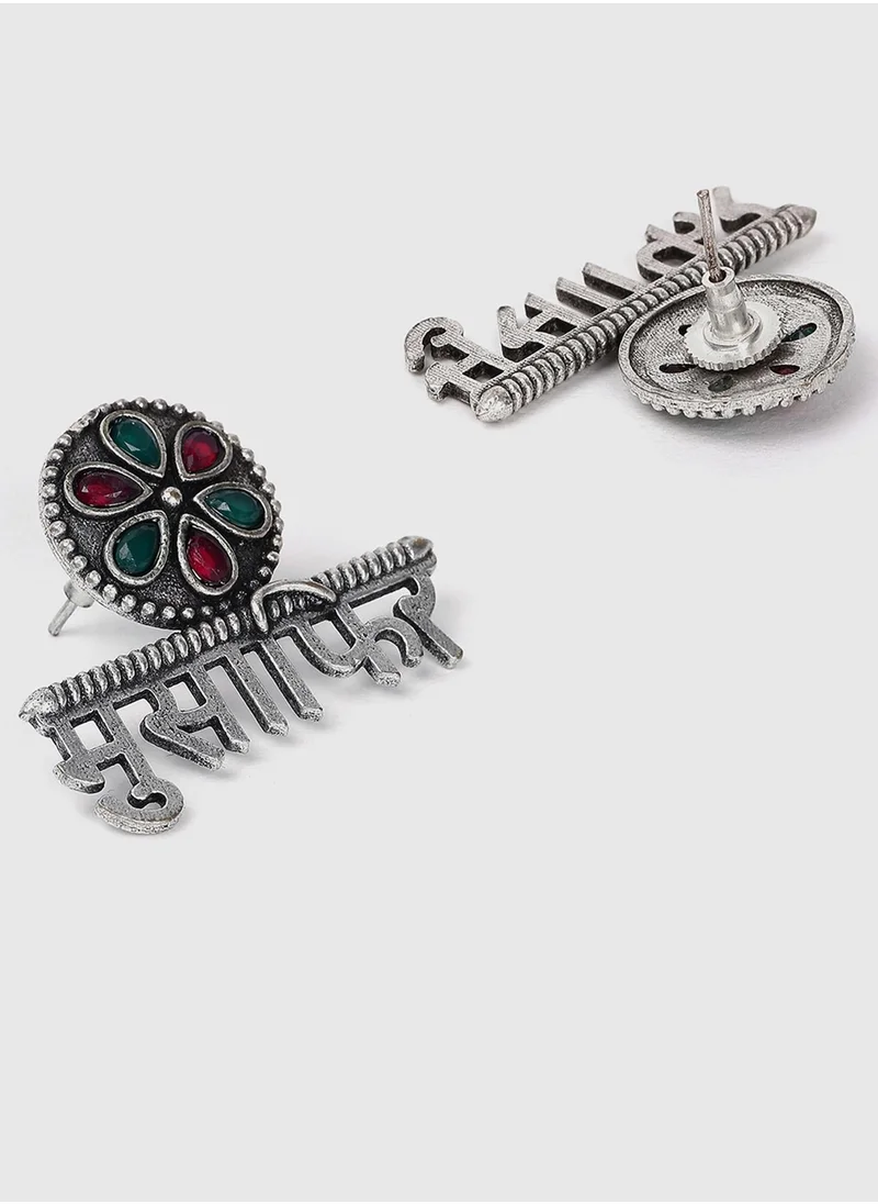 سوهي Red & Green Stone Studded Oxidised Musafir Stud Earrings