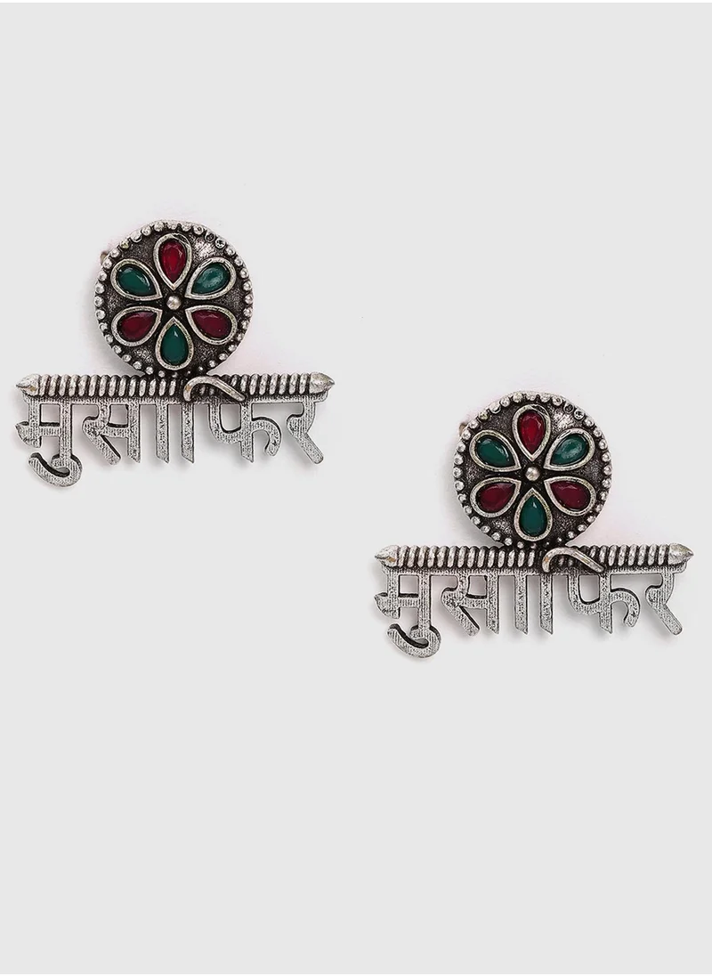 سوهي Red & Green Stone Studded Oxidised Musafir Stud Earrings