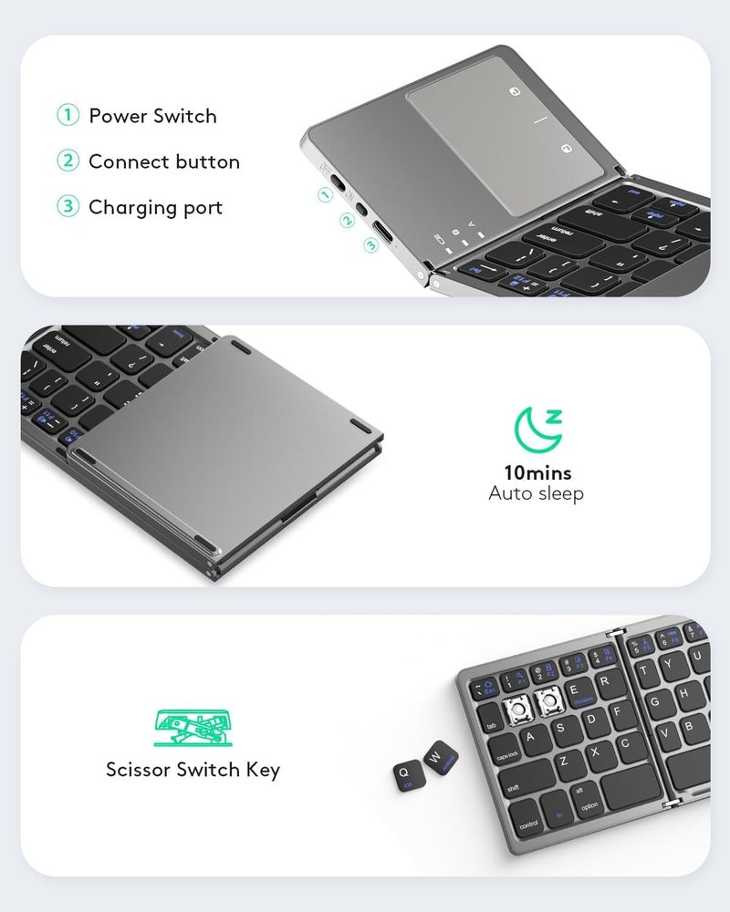 atdaraz B033 Mini Folding Keyboard Bluetooth Foldable Wireless Keypad with Touchpad for Windows,Android,iOS Tablet Ipad Phone - Image 4