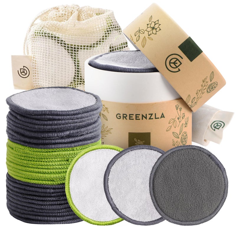 GREENZLA Greenzla Reusable Makeup Remover Pads Washable Bamboo Cotton Rounds with Mesh Laundry Bag Travel Pouch Pad Holder Reusable Cotton Rounds for All Skin Types Perfect for Face Care 30 Pack