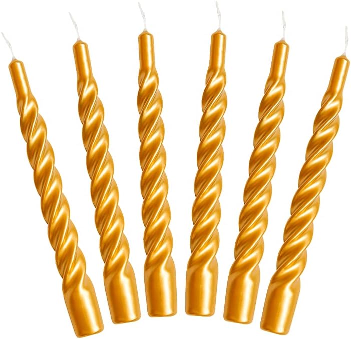 شموع “Candles with a Twist®”， مصنوعة في إيطاليا، متوفرة بـ 25 لونًا، شموع للعشاء، شموع ملتوية تحترق لمدة 5 ساعات، شموع مخروطية الشكل، مطلية، مجموعة هدايا من الشموع بدون رائحة، 6 قطع. الحجم: 2.2 × 21 سم (لون ذهبي). - Image 1