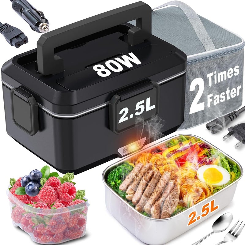 Nifogo Electric Lunch Box for Adults 2.5L 80W Portable Heated Lunch Box for Men 3 in 1 Portable Food Warmer 110V/12V/24V Removable Stainless Steel Container & Big Bag(2.5L-Black) - Image 1