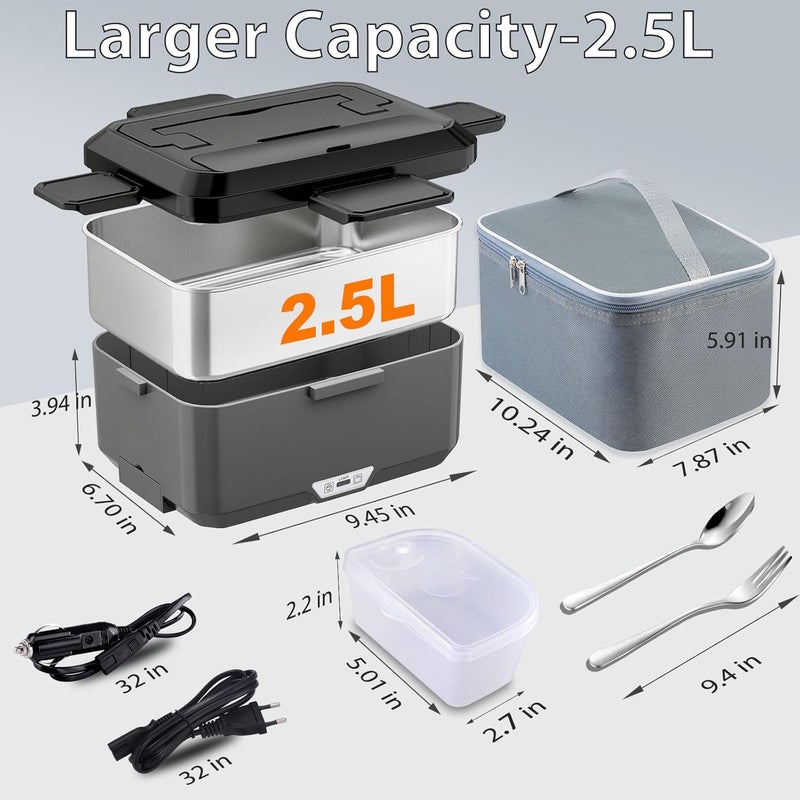 Nifogo Electric Lunch Box for Adults 2.5L 80W Portable Heated Lunch Box for Men 3 in 1 Portable Food Warmer 110V/12V/24V Removable Stainless Steel Container & Big Bag(2.5L-Black) - Image 2
