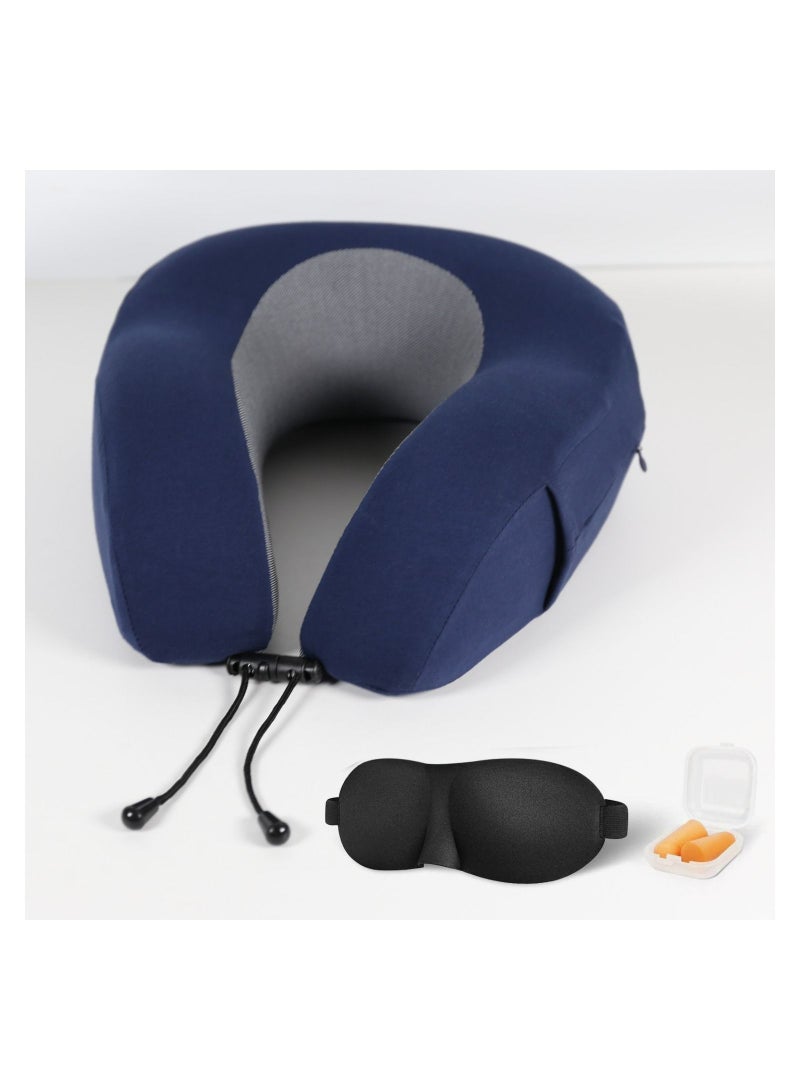 Donetella Travel Pillow: 1-Piece Memory Foam Neck Pillow, Light Weight, Comfortable Suitable For Airplane Travel and Gifting With Ear Plugs, Eye Mask, And Luxury Mesh Bag Blue/Grey  - Image 1