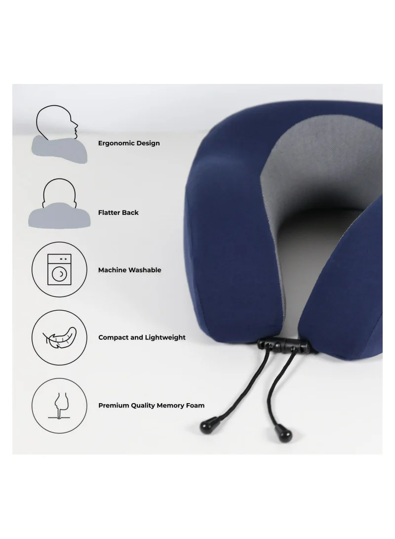 Donetella Travel Pillow: 1-Piece Memory Foam Neck Pillow, Light Weight, Comfortable Suitable For Airplane Travel and Gifting With Ear Plugs, Eye Mask, And Luxury Mesh Bag Blue/Grey