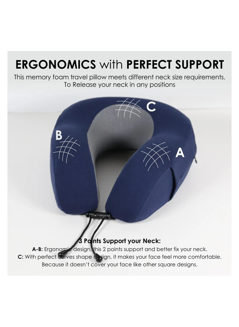 Donetella Travel Pillow: 1-Piece Memory Foam Neck Pillow, Light Weight, Comfortable Suitable For Airplane Travel and Gifting With Ear Plugs, Eye Mask, And Luxury Mesh Bag Blue/Grey