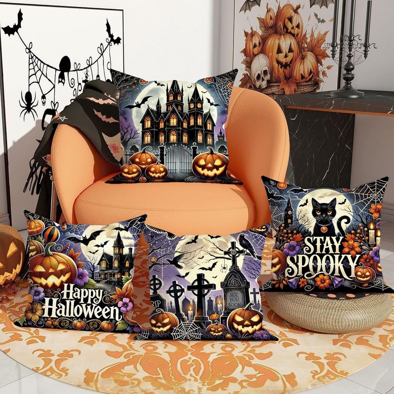 Halloween Throw Pillow Covers Set of 4, Cat Pumpkin Decorative Cushion Cases, Spooky Seasonal Home Decor for Sofa Bed Couch 12x12 Inch - Image 2