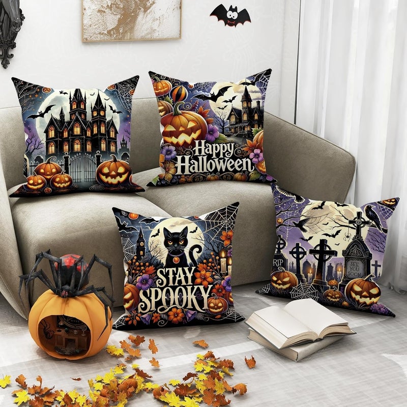Halloween Throw Pillow Covers Set of 4, Cat Pumpkin Decorative Cushion Cases, Spooky Seasonal Home Decor for Sofa Bed Couch 12x12 Inch - Image 4
