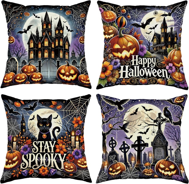 Halloween Throw Pillow Covers Set of 4, Cat Pumpkin Decorative Cushion Cases, Spooky Seasonal Home Decor for Sofa Bed Couch 12x12 Inch - Image 1