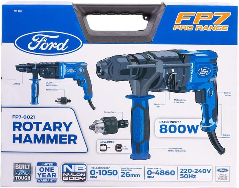 Ford Sds-Plus Heavy Duty Rotary Hammer Drill 800W With 4 Functions, 3 Meter Cable, And Bmc Box, Fp7-0021 - Image 5