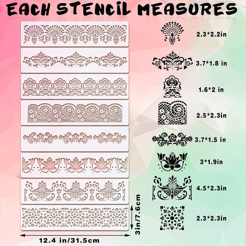 Devasya Crafts 8 Pieces Ornate Border Stencil Flower Template Cake Decorating Templates Reusable DIY Art and Craft Stencil Floral Edge Baking Tool for Painting On Wood|Canvas|Paper|Fabric - Image 2