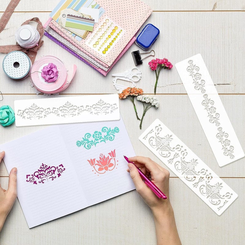Devasya Crafts 8 Pieces Ornate Border Stencil Flower Template Cake Decorating Templates Reusable DIY Art and Craft Stencil Floral Edge Baking Tool for Painting On Wood|Canvas|Paper|Fabric - Image 4