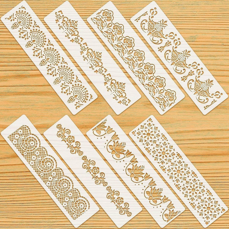 Devasya Crafts 8 Pieces Ornate Border Stencil Flower Template Cake Decorating Templates Reusable DIY Art and Craft Stencil Floral Edge Baking Tool for Painting On Wood|Canvas|Paper|Fabric - Image 1