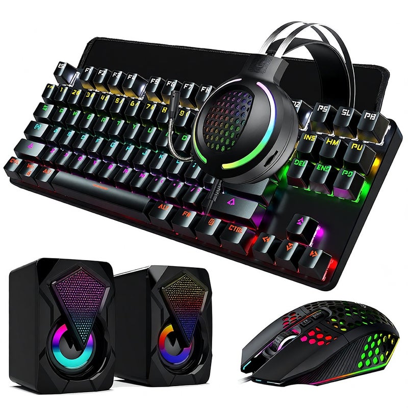 Wired Gaming Combo 87-key Keyboard Blue Switch Programmable 8000 DPI 7.1 Surround Sound Headset with Mic Pad RGB Speakers, Black - Image 1