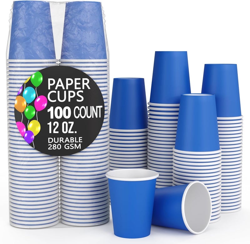 Party Solids Dark Blue Paper Cups 12 oz Durable Disposable Cups 100 Paper Tumblers for Hot Drinks and Cold Drinks Thick 280 GSM Hot Cup for Tea & Coffee Cup To Go Fun Colors for Parties & Events - Image 1