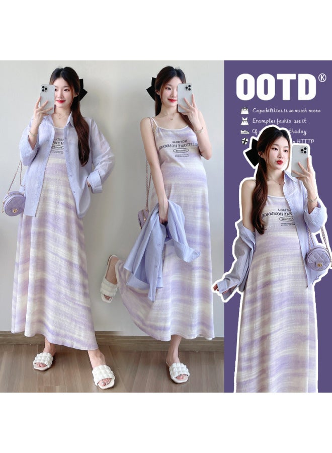 Pregnant Mothers Wear Maternity Clothes Early Autumn Dress Suit New Gradient Suspender Skirt Shirt Coat Two-piece Korean 
