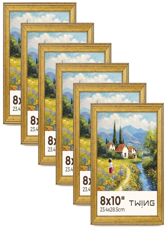 TWING 8x10 Gold Picture Frames Set of 6,Rustic Gold Frames Display Pictures 5x7 with Mat or 8x10 without Mat,Tabletop Display and Wall Mounting Collage Photo Frame Set for Wall Gallery - Image 1
