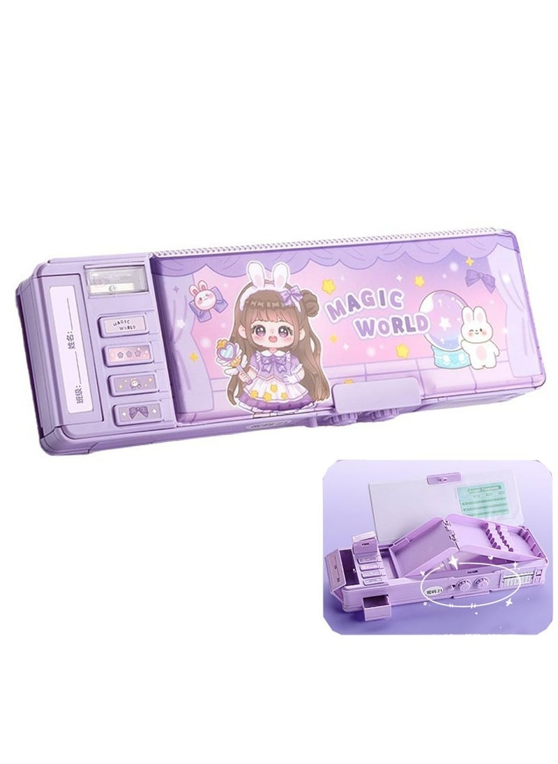 CMGTYYD CMGTYYD Pop Up Multifunction Pencil Case for Girls, Cute Cartoon Pen Box Organizer Stationery with Lock, Sharpener, Schedule, Whiteboard, School Supplies, Best Gifts for Kids Teens (Purple)  - Image 1