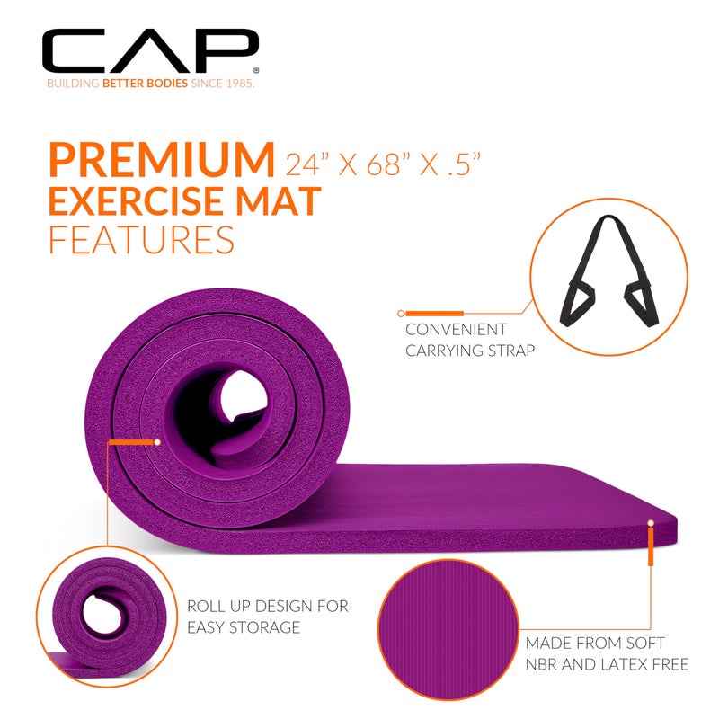 CAP Barbell Yoga Mat 1/2" Thick with Carrying Strap - High Density Exercise Mat for Yoga, Pilates, Stretching, Floor & Fitness Workouts - 68''x24''x1/2" | Wine - Image 3