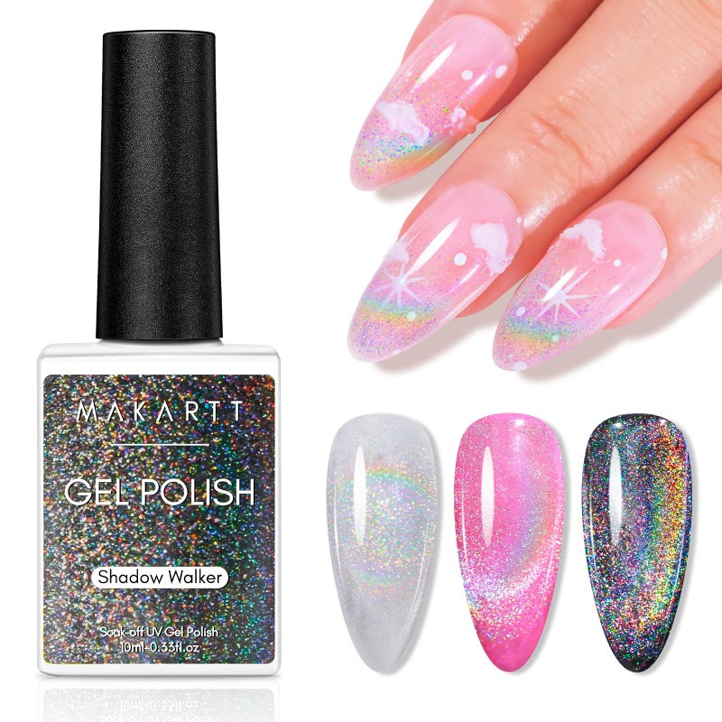 Makartt Rainbow Cat Eye Gel Nail Polish: Glitter Universal 9D Holographic Sparkly Soak Off Gel UV/LED Manicure with Magnet Stick for Nail Art Designs 10ml - Image 2