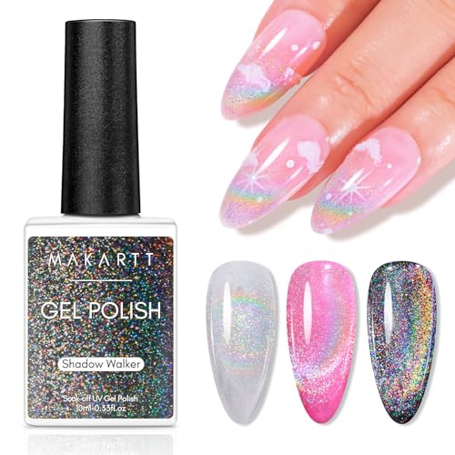 Makartt Rainbow Cat Eye Gel Nail Polish: Glitter Universal 9D Holographic Sparkly Soak Off Gel UV/LED Manicure with Magnet Stick for Nail Art Designs 10ml - Image 1