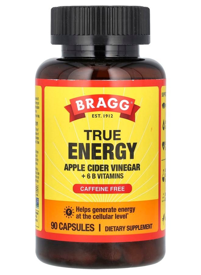 خل التفاح من True Energy + 6 فيتامينات ب خالية من الكافيين 90 كبسولة