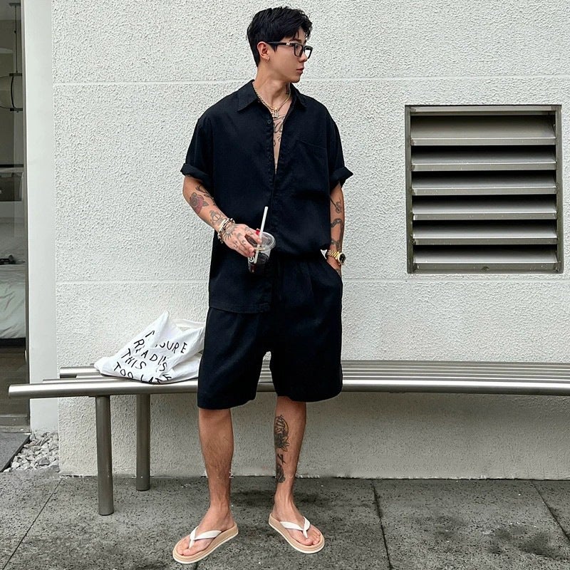 Lyocell Tencel Style Casual Suit for Men, Summer Thin Short-Sleeved Shirt Paired with Quick-Dry Shorts Two-Piece Set