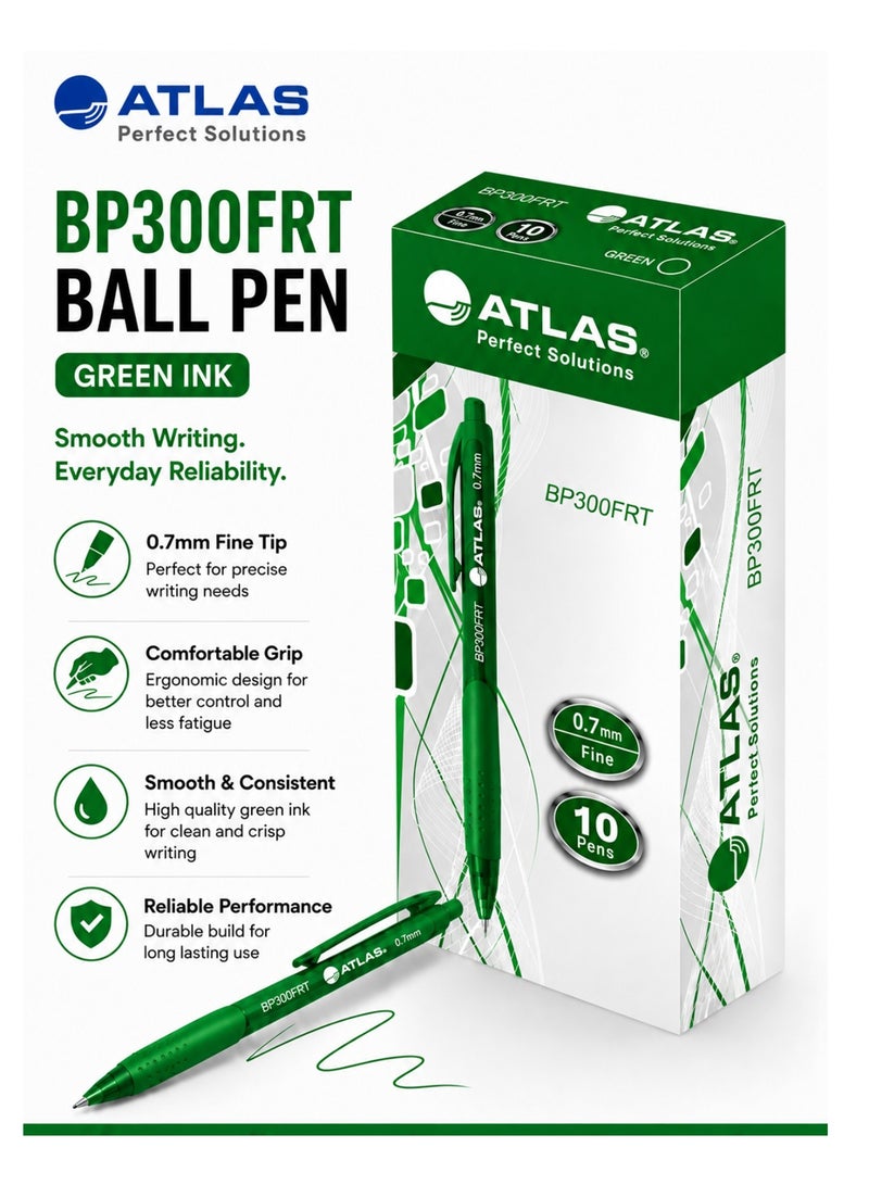 ATLAS 10-Piece Retractable Ballpoint Pen 0.7mm Fine Tip Green Ink - Image 1