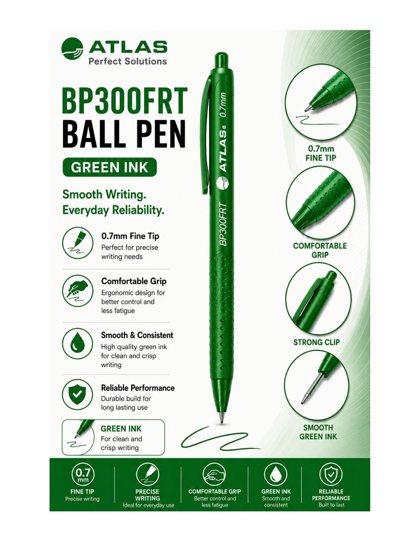 ATLAS 10-Piece Retractable Ballpoint Pen 0.7mm Fine Tip Green Ink - Image 2