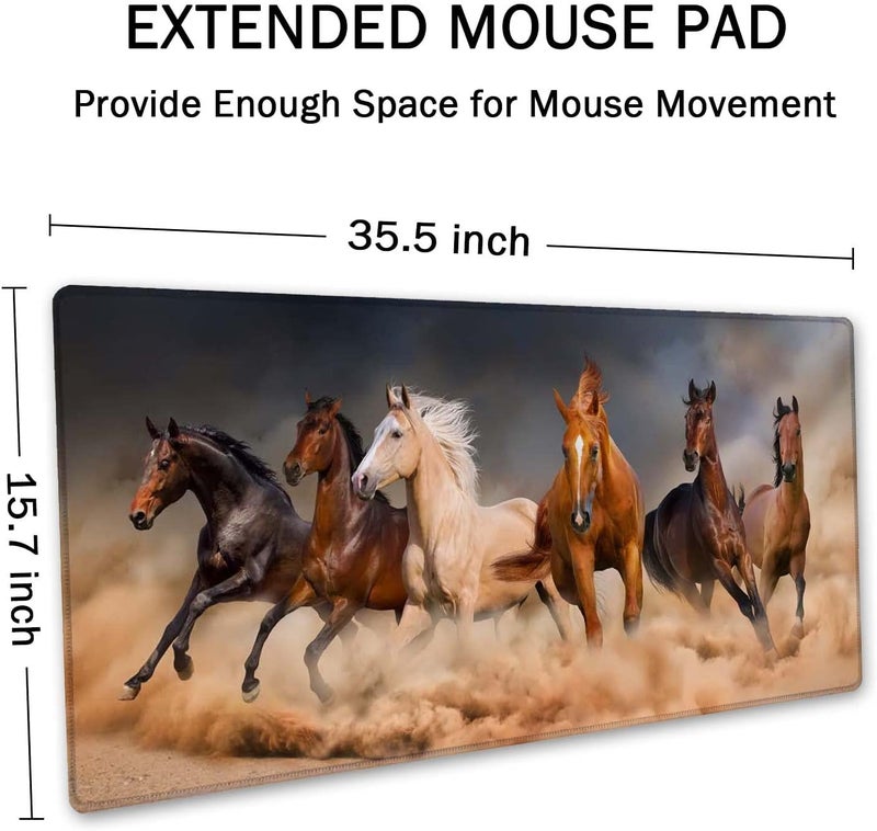 SSOIU Extended Gaming Mouse Pad (35.5x15.7 in), Large Non-Slip Rubber Base Mousepad with Stitched Edges, Waterproof Keyboard Mouse Mat Desk Pad for Work, Game, Office, Home - Running Horses - Image 2
