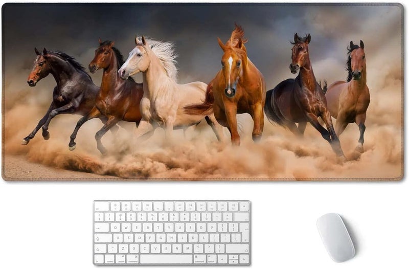 SSOIU Extended Gaming Mouse Pad (35.5x15.7 in), Large Non-Slip Rubber Base Mousepad with Stitched Edges, Waterproof Keyboard Mouse Mat Desk Pad for Work, Game, Office, Home - Running Horses - Image 1