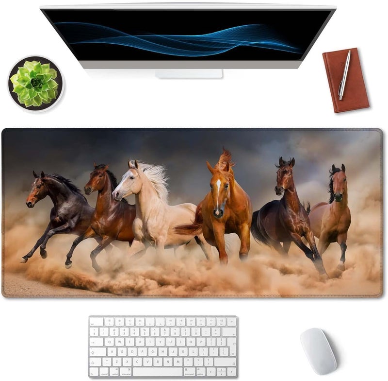 SSOIU Extended Gaming Mouse Pad (35.5x15.7 in), Large Non-Slip Rubber Base Mousepad with Stitched Edges, Waterproof Keyboard Mouse Mat Desk Pad for Work, Game, Office, Home - Running Horses - Image 3