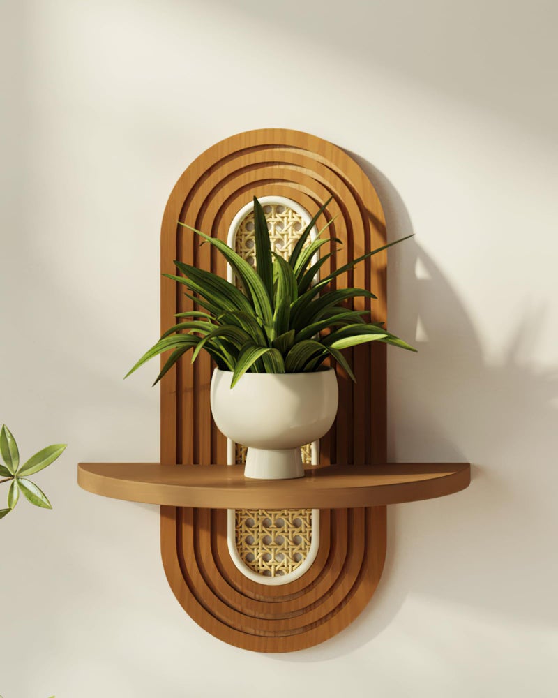Bamworld Boho Wall Decor Brown Plant Wall Shelf Mid Century Modern Decor Hanging Plant Shelf 1Tier Bamboo Floating Shelves for Home Bathroom Bedroom Living Room Office Holding Planter Decoration - Image 2