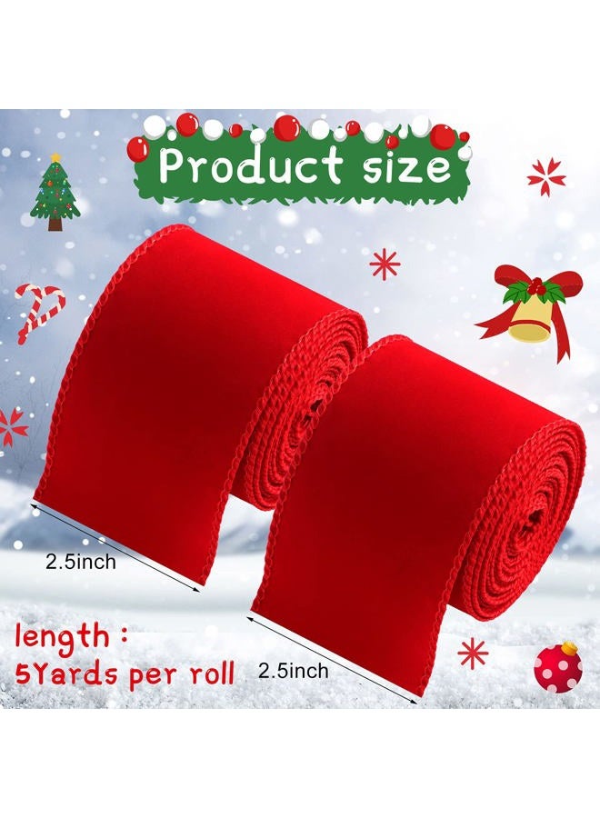 Xinnun 2 Rolls 2.5 Inch 10 Yards Christmas Velvet Ribbon Single Face Christmas Plain Velvet Ribbon for Gift Wrapping Crafts Christmas Wreath Tree Decor (Red) - Image 2