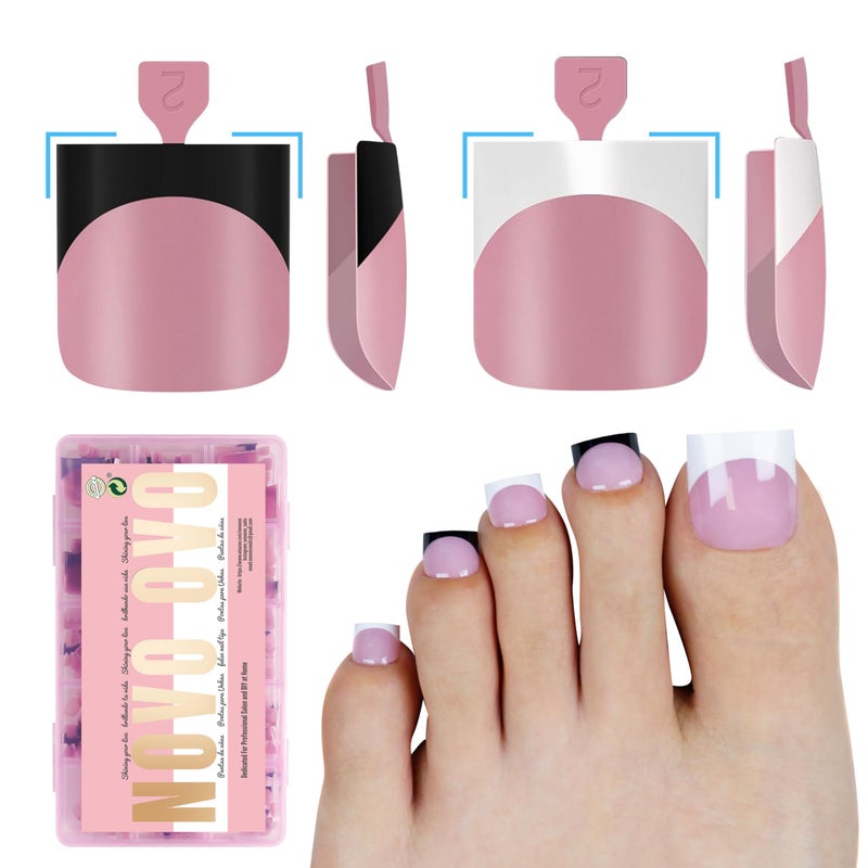 NOVO OVO Halloween Black and White Mix Color French Tip Toe Nail Tips Press on, Sharp Square Pre-Designed Soft Gel False Toenail Extension, Medium Fake Toenails, Full Cover Acrylic for DIY x 15 Sizes 240 pcs - Image 1