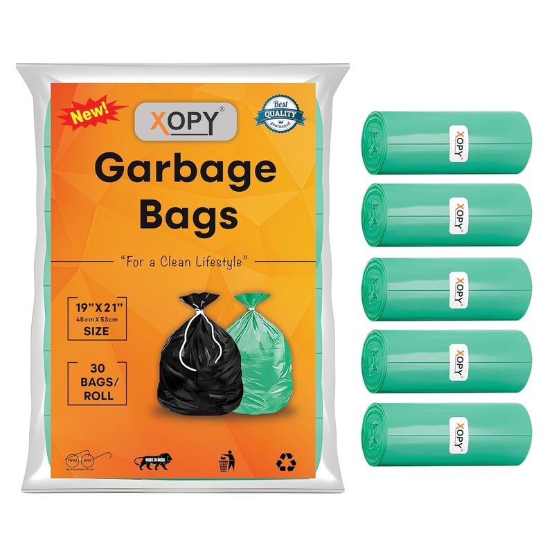 XOPY XOPY Premium EcoFriendly Garbage Bag 19 X 21 Inches Medium Size Dustbin Bag Pack of 5 Rolls 150 Trash Bags Green Colour Waste Bag For Everyday Use For Dry Wet Waste Pouch Packing  - Image 1