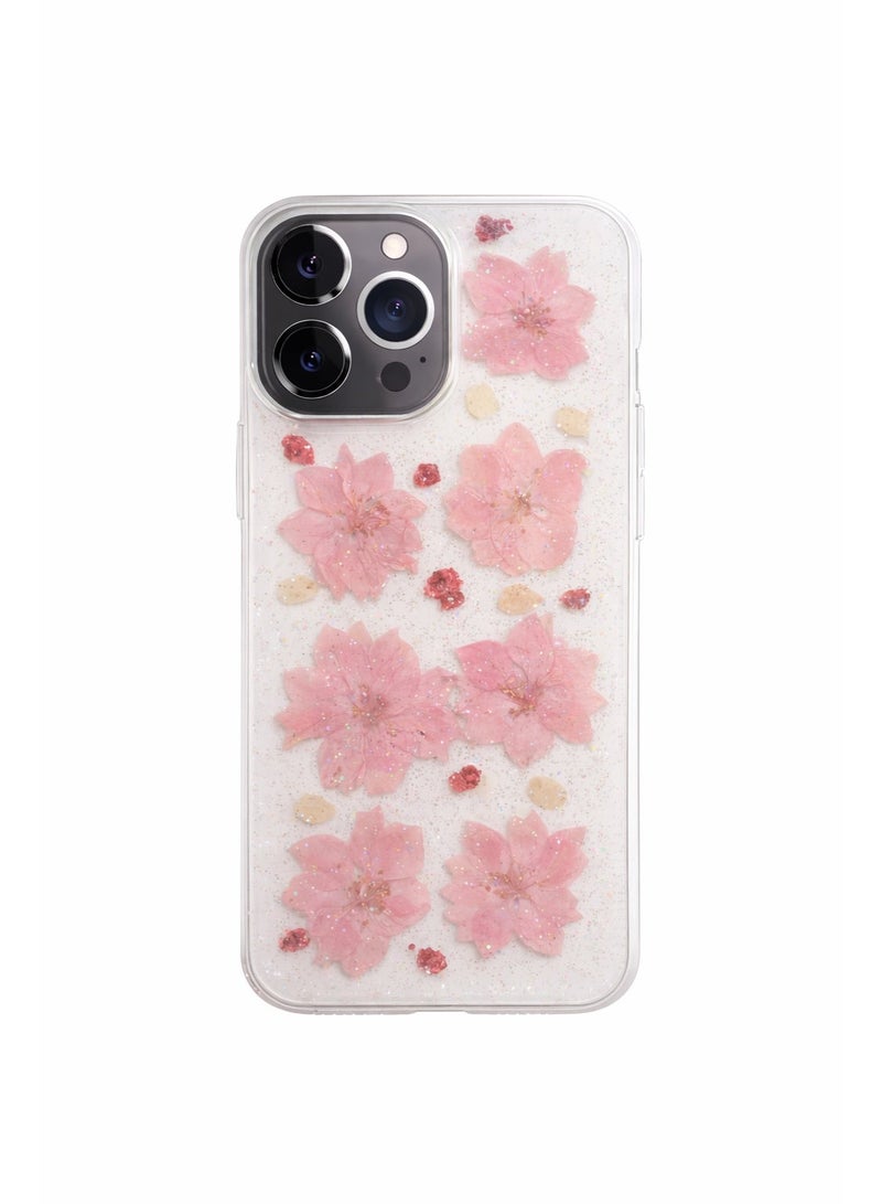 Lanex Clear Protective Back Case for iPhone 13 Pro Max (6.7") - Embedded Real Pink Dried Flowers & Fine Glitter - Image 1