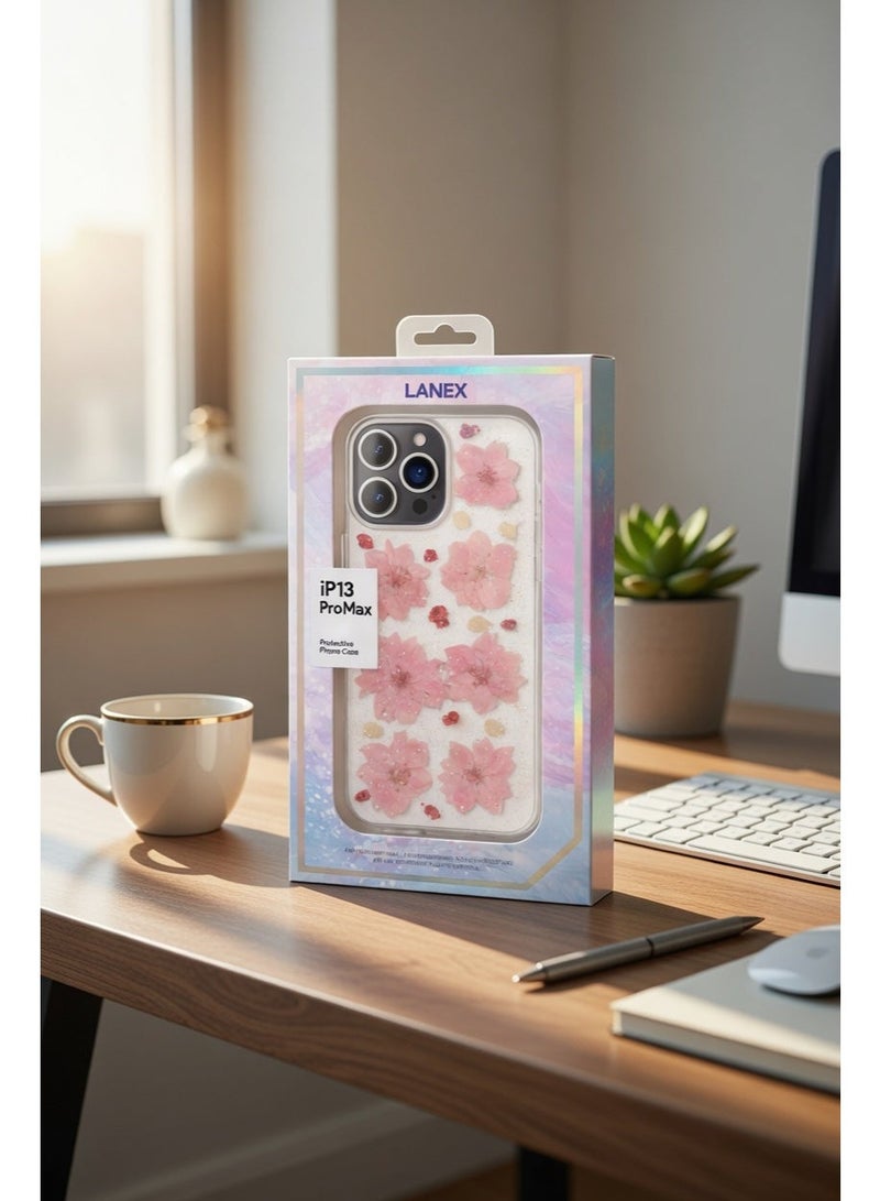 Lanex Clear Protective Back Case for iPhone 13 Pro Max (6.7") - Embedded Real Pink Dried Flowers & Fine Glitter - Image 2