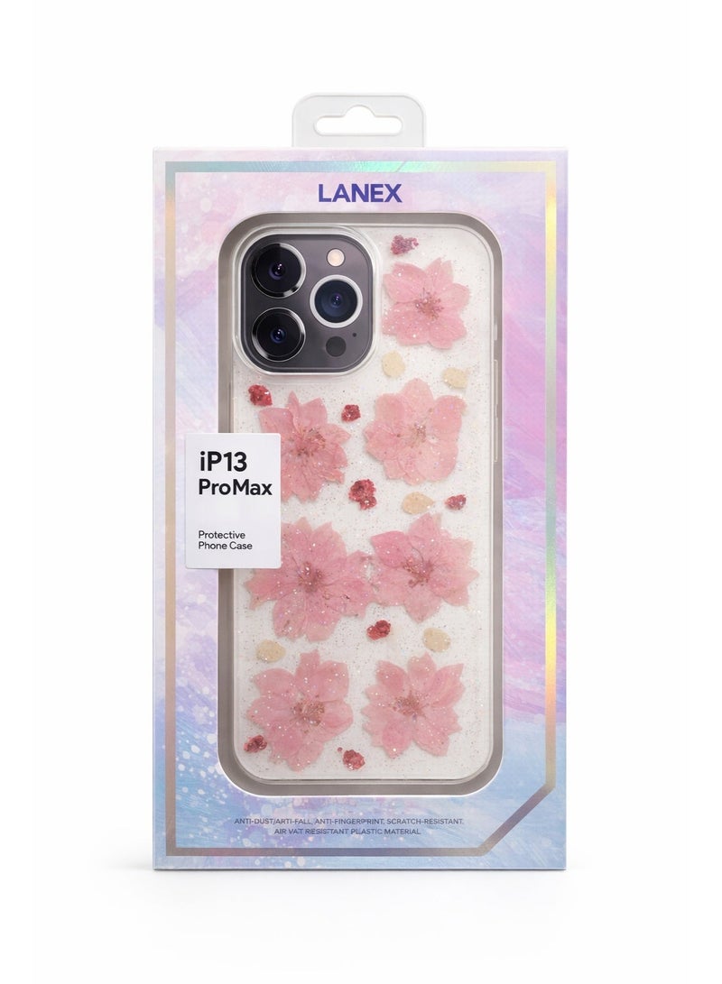 Lanex Clear Protective Back Case for iPhone 13 Pro Max (6.7") - Embedded Real Pink Dried Flowers & Fine Glitter - Image 5