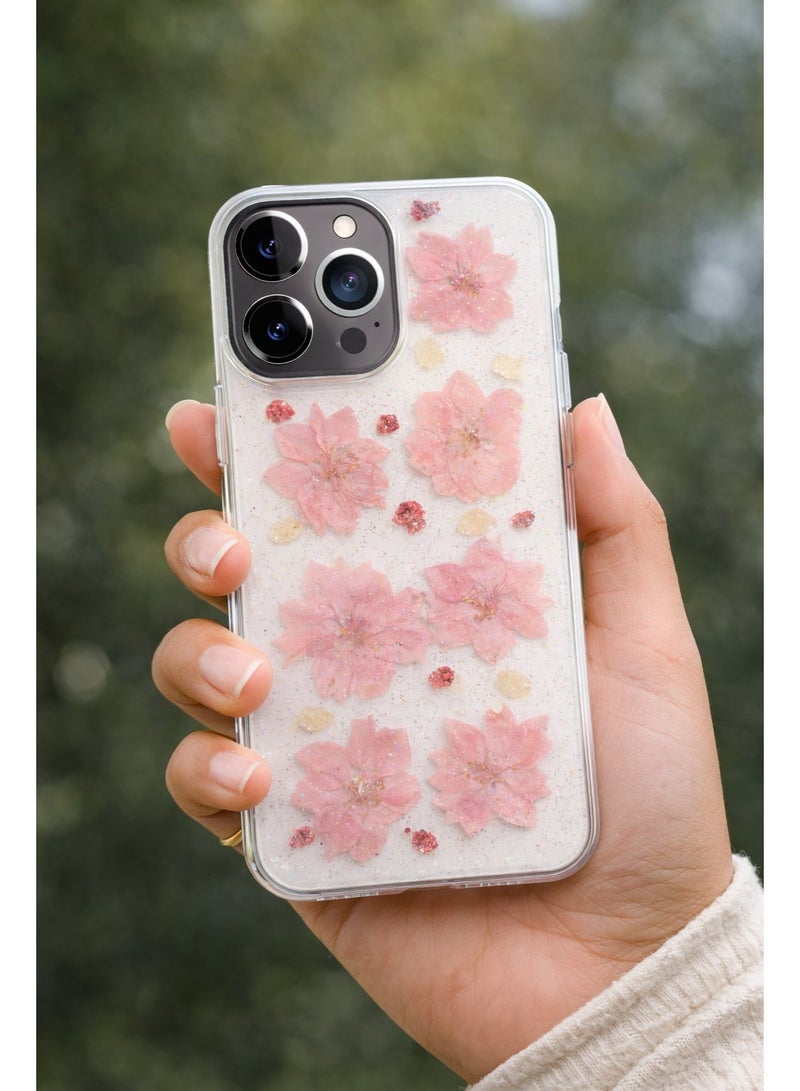 Lanex Clear Protective Back Case for iPhone 13 Pro Max (6.7") - Embedded Real Pink Dried Flowers & Fine Glitter - Image 3