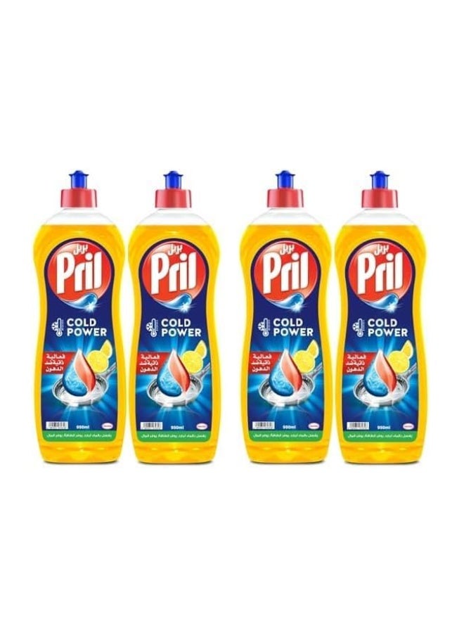 Pril Cold Power Lemon Dishwashing Liquid, High Grease Cutting Formula, 950ml (Pack of 4 Combo) - Image 1