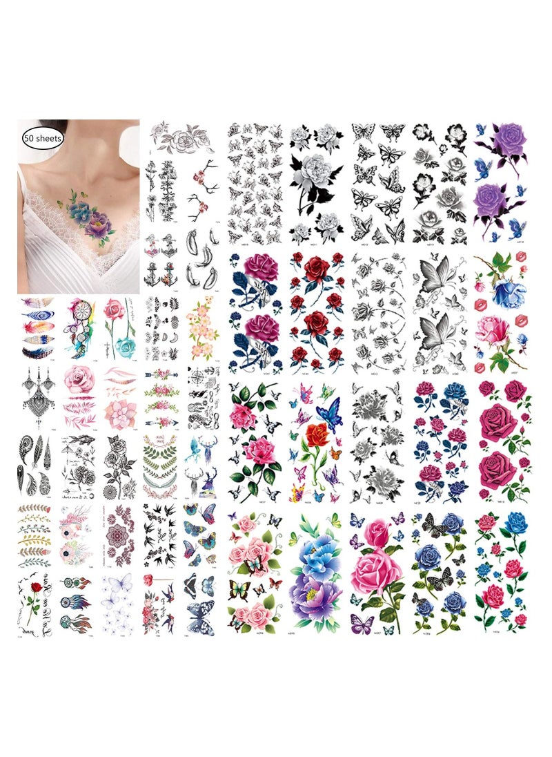 KASTWAVE 50 Sheets Waterproof Flower Floral Butterfly Fake Temporary Tattoo Sticker for Women, Arm Neck Face Temp Tattoo Temporary Tatoos Sticker Set  - Image 1