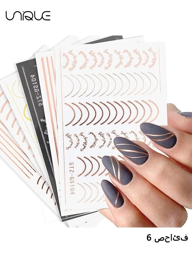 Unique Line Nail Stickers, 3D Self-Adhesive Metallic Nail Decals Rose Gold French Nail Decals Wave Stripe Lines Nail Design Striping Tape Adhesive DIY Nail Decoration (6 Sheets)  - Image 1