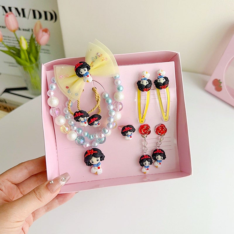 Generic Kids Jewelry Set Princess Necklace Earrings Ring Gift Box F8129-3# Snow White nine-piece boxed