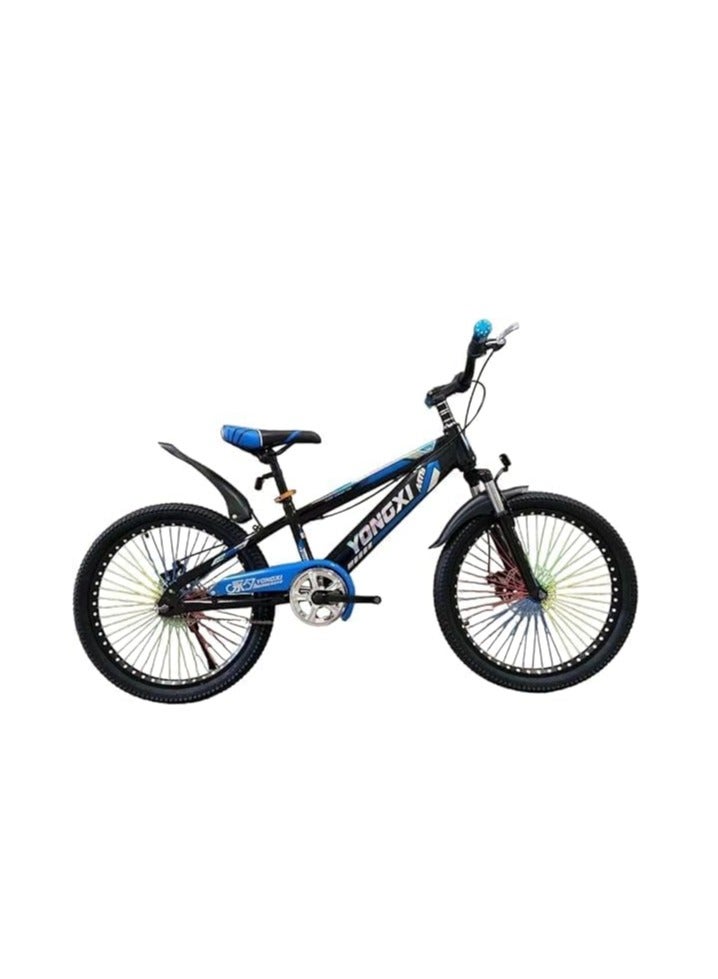 Generic 22-Inch Kids Mountain Bike – Single Speed, Carbon Steel Frame, Front Suspension, Dual Disc Brakes, Multicolor Spoke Wheels – blue/Black 
