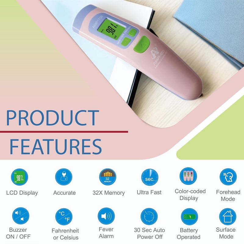 Amplim NonContact Forehead Thermometer with Case for Adults Kids Baby FDA Cleared Medical Grade Touchless Infrared 1Sec Reading Fever Alarm Memory Recall Quiet Mode Pink - Image 3