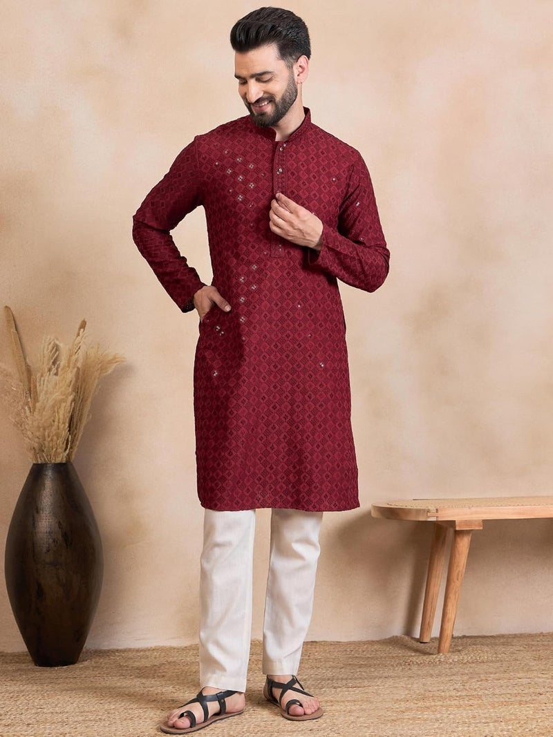 SWAGG INDIA كُرتا رجالي من مزيج الرايون بتصميم هندسي عادي | ملابس تقليدية مثالية للمناسبات العادية والاحتفالات - Image 3